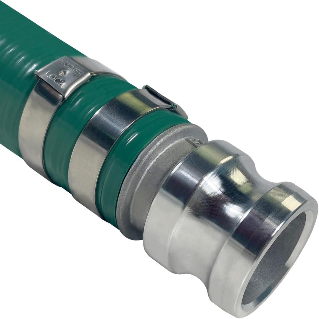 Gloxco Heavy Duty Green PVC Suction Hose Assembly for Water Transfer, 2' Inside Diameter, Installed Male x Female Cam and Groove Fittings, 30 ft Length