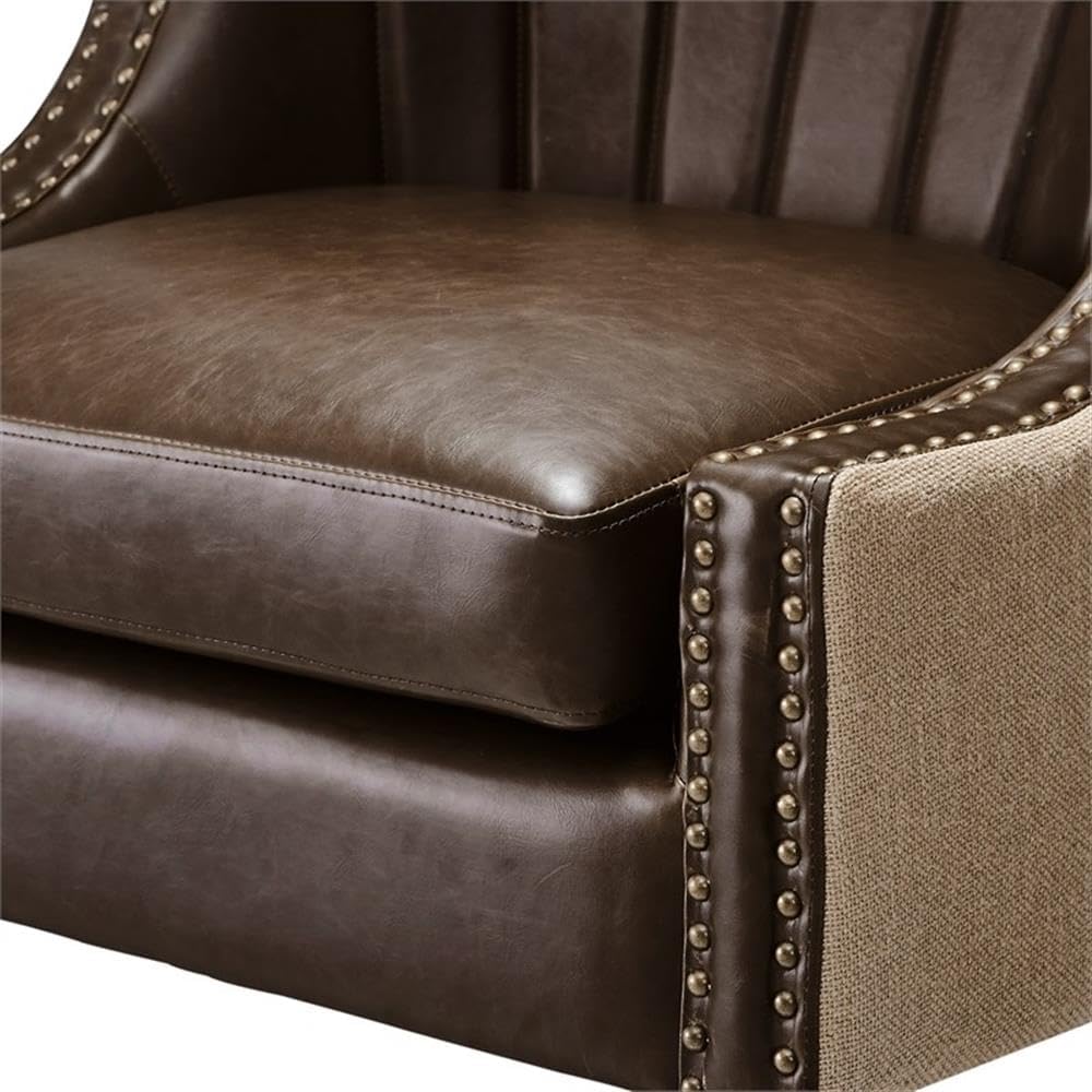 Tommy Hilfiger Dorset Leather Club Chair, Brass Nailhead Accent Trim, High Back Reading Armchair, Traditional Living Room Furniture, Chesterfield Brown