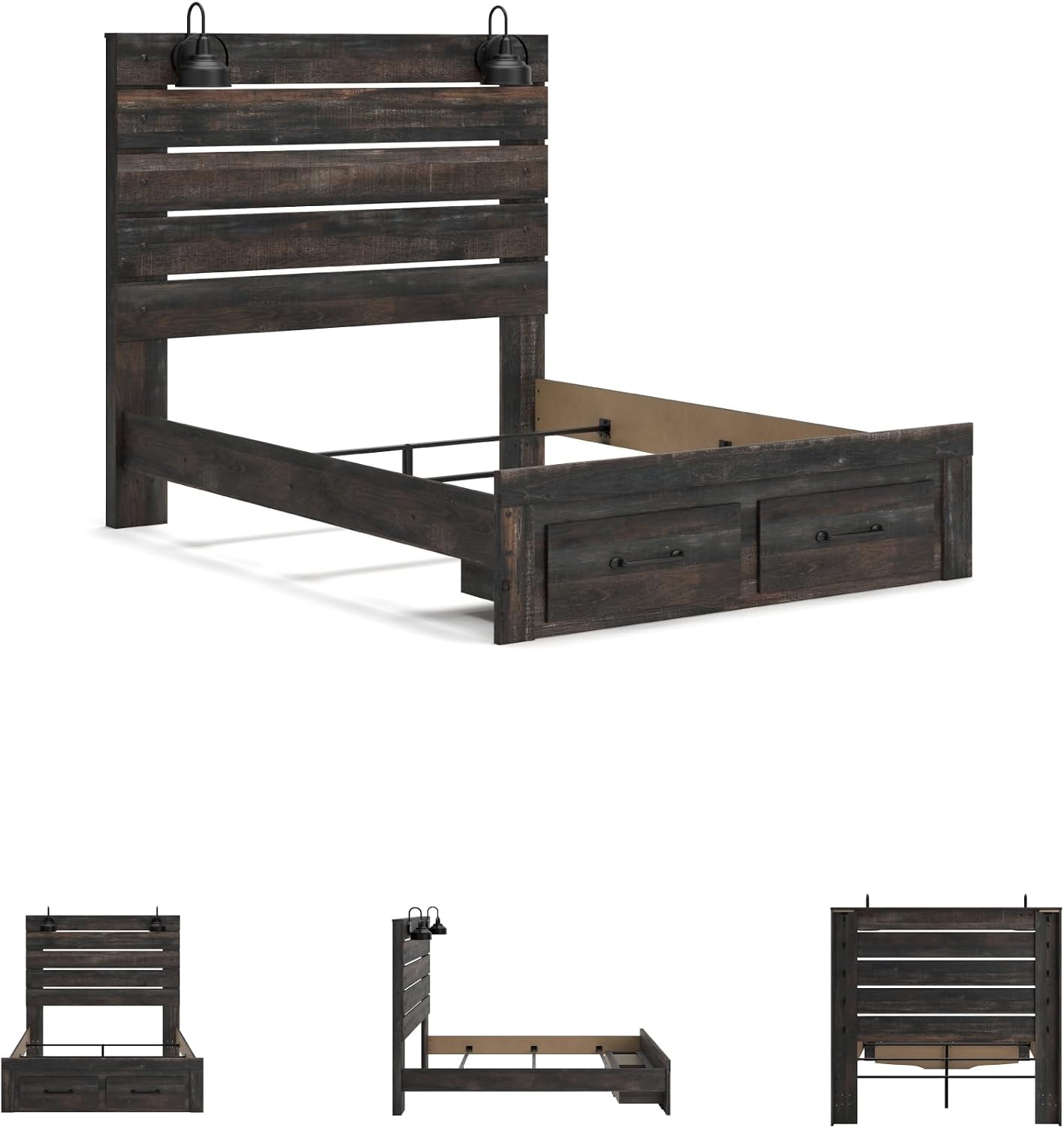 Signature Design by Ashley Drystan Queen Panel Bed with Storage Drawers, Built-in USB & LED Sconce Lights, Engineered Wood, for Master Bedroom Suites, Rustic Brown, Queen