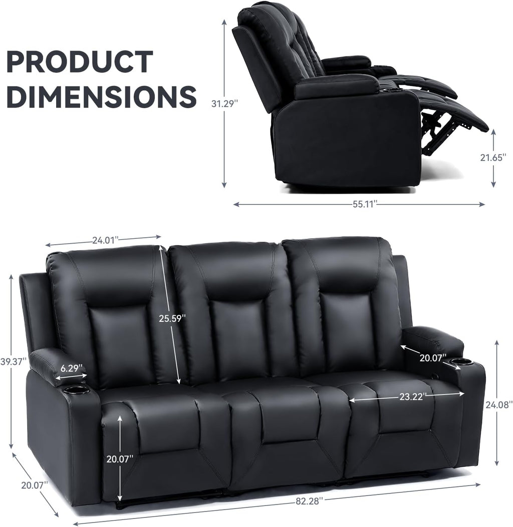 COMHOMA Recline Chair Set，Furniture 3PC Bonded Leather Recliner Set Living Room Set, Sofa, Recline Chair with massger(Black,Living Room Set 3)