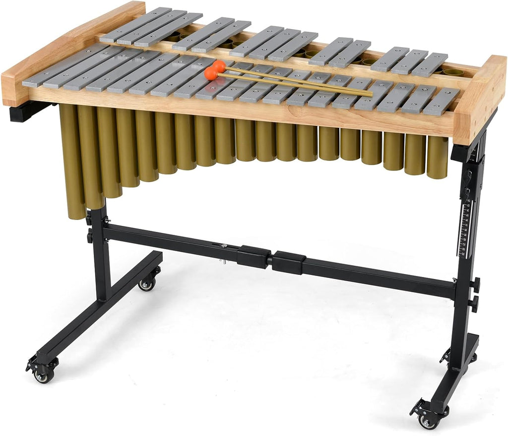 Costzon 32 Note Marimba, Aluminum Xylophone with Rubber Wood Base & Resonance Tubes, 32-Key Professional Glockenspiel with Mallets, Adjustable Stand & Lockable Wheels for Beginners, Students & Adults
