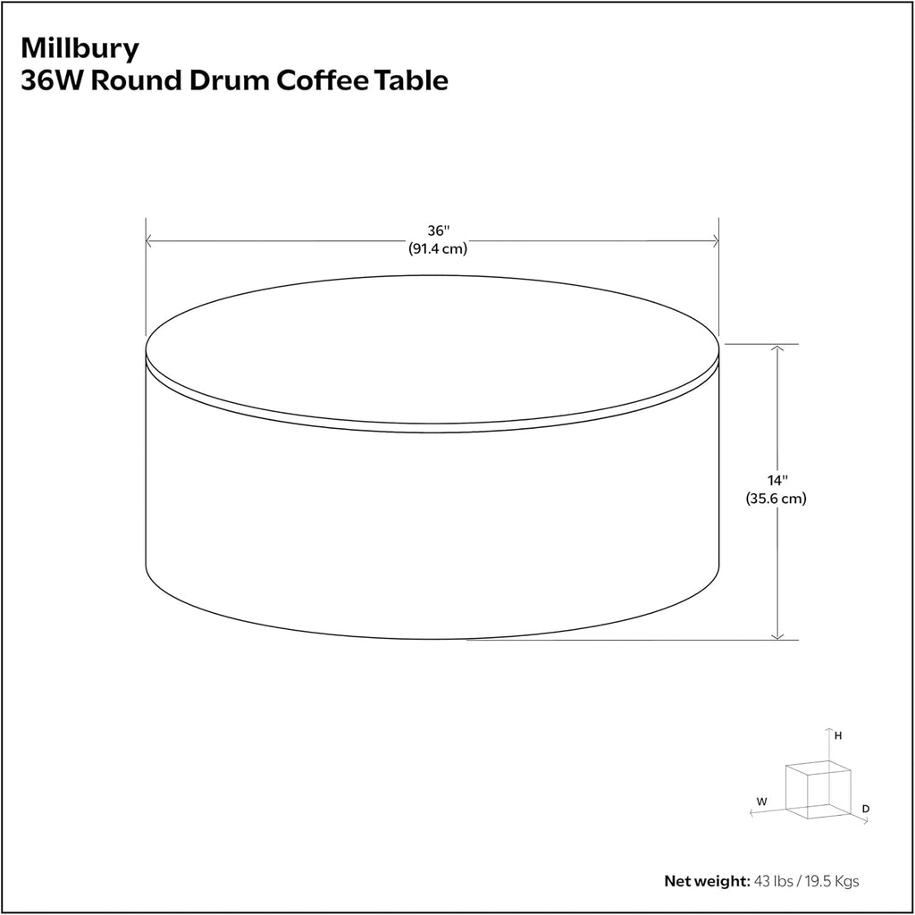 SIMPLIHOME Millbury Drum Coffee Table - 36 inch Wide Solid Mango Wood Round Living Room Table in White Wash, Contemporary Cocktail Table for Family Room or Lounge with Large Surface, Assembled