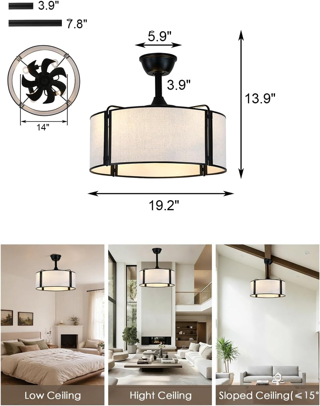 20' Black Caged Boho Fandelier Ceiling Fan with Light, Bladeless Flush Mount Chandelier Fan with Remote Control, 6 Speeds Quiet Reversible Motor for Bedroom, Nursery, Foyer, Dining Room, Living Room