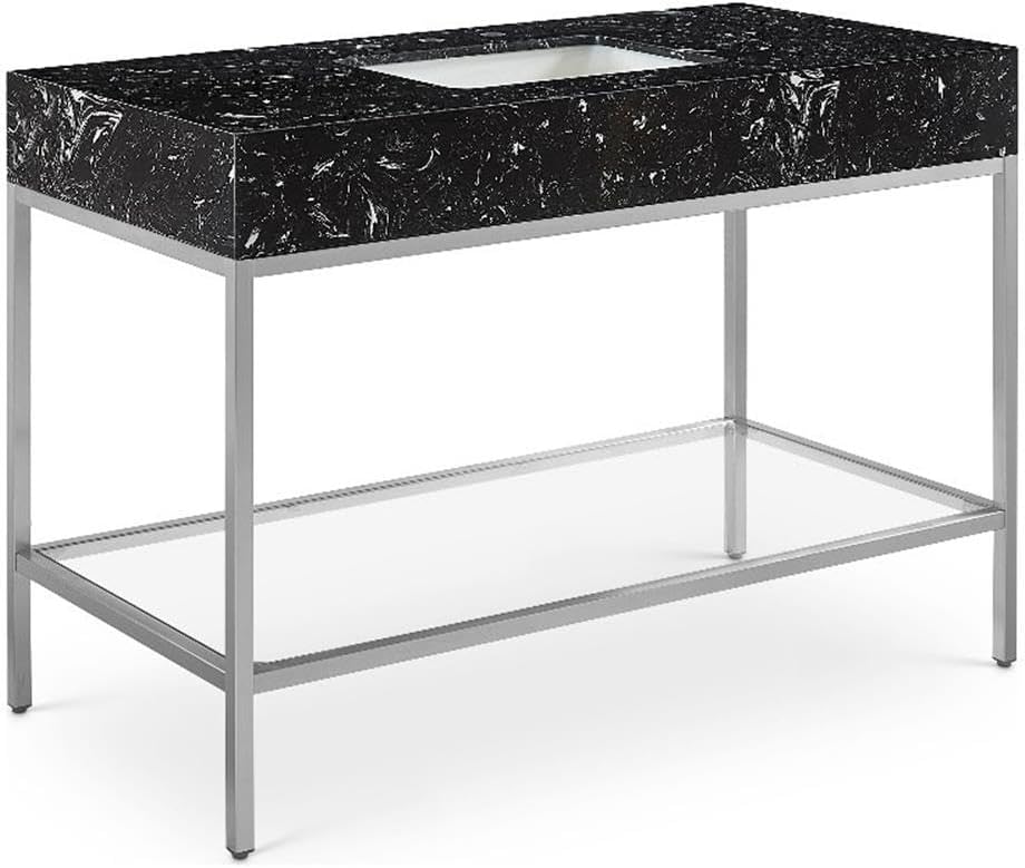 Meridian Furniture 408Black-48 Marmo Collection Modern | Contemporary Bathroom Vanity with Black Engineered Stone with White Veining, Brushed Chrome Stailness Steel Base, 48' W x 23' D x 34' H, Black