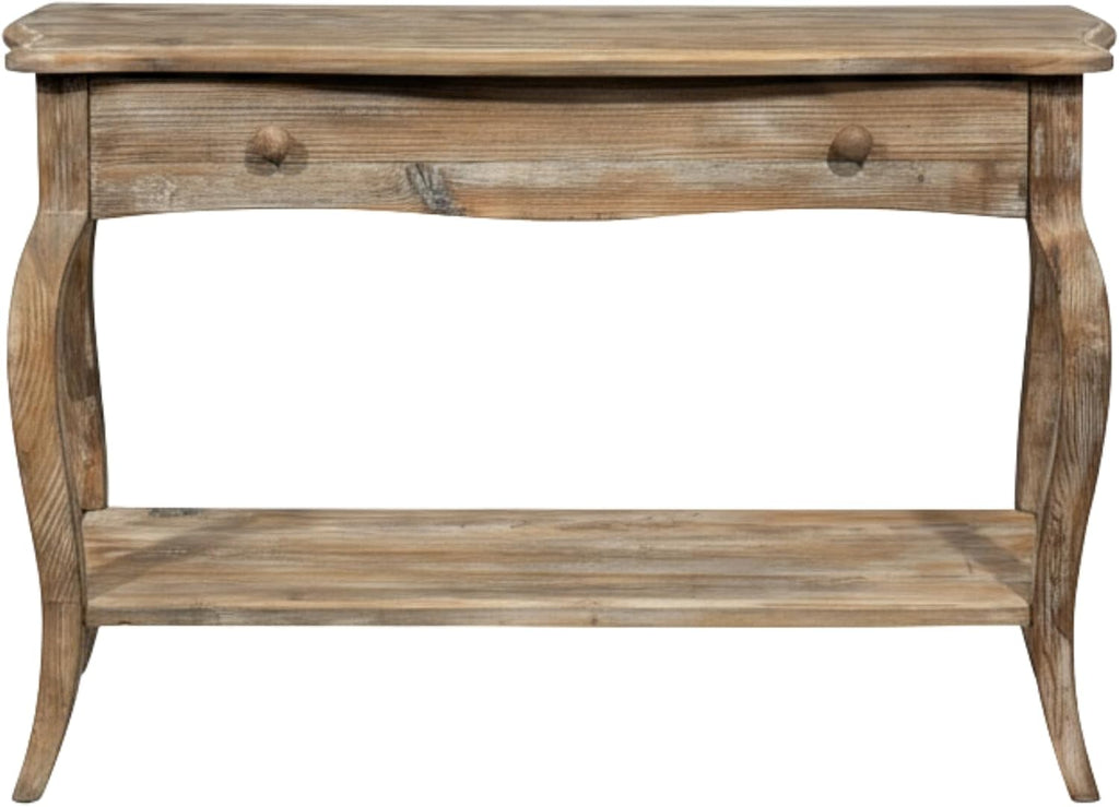 Austerity Rustic Console Table, 42 Inch with Curved Legs, Scalloped Edges, and Lower Shelf in Driftwood Finish - Natural and White Textured Antique Look Home Décor by Alaterre Furniture