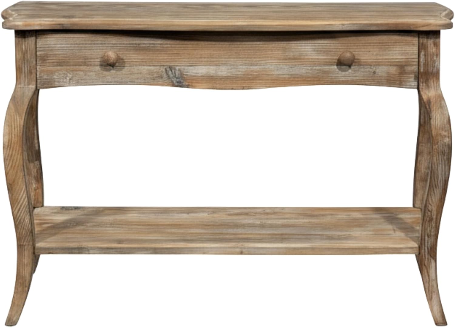 Austerity Rustic Console Table, 42 Inch with Curved Legs, Scalloped Edges, and Lower Shelf in Driftwood Finish - Natural and White Textured Antique Look Home Décor by Alaterre Furniture