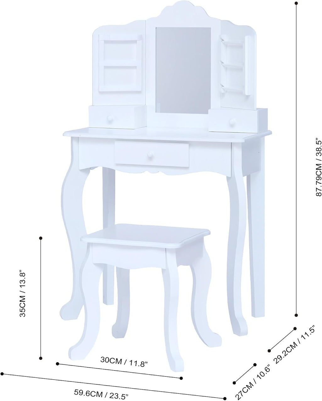 Teamson Kids White Wooden Vanity Table and Stool Set for Girls with Mirror Drawers Jewelry Storage Elegant Play Furniture for Bedroom or Playroom Ages 3+