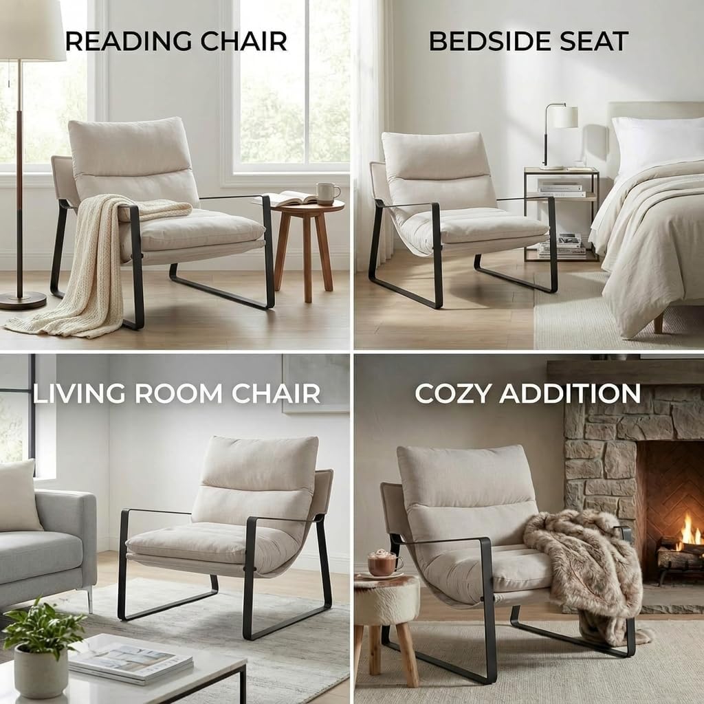 Ya-Home Mid-Century Accent Chair, Comfy Side Chair with Armrest, Chenille Fabric Upholstered Leisure Chair with Black Metal Frame for Living Room Bedroom Reception Room, White