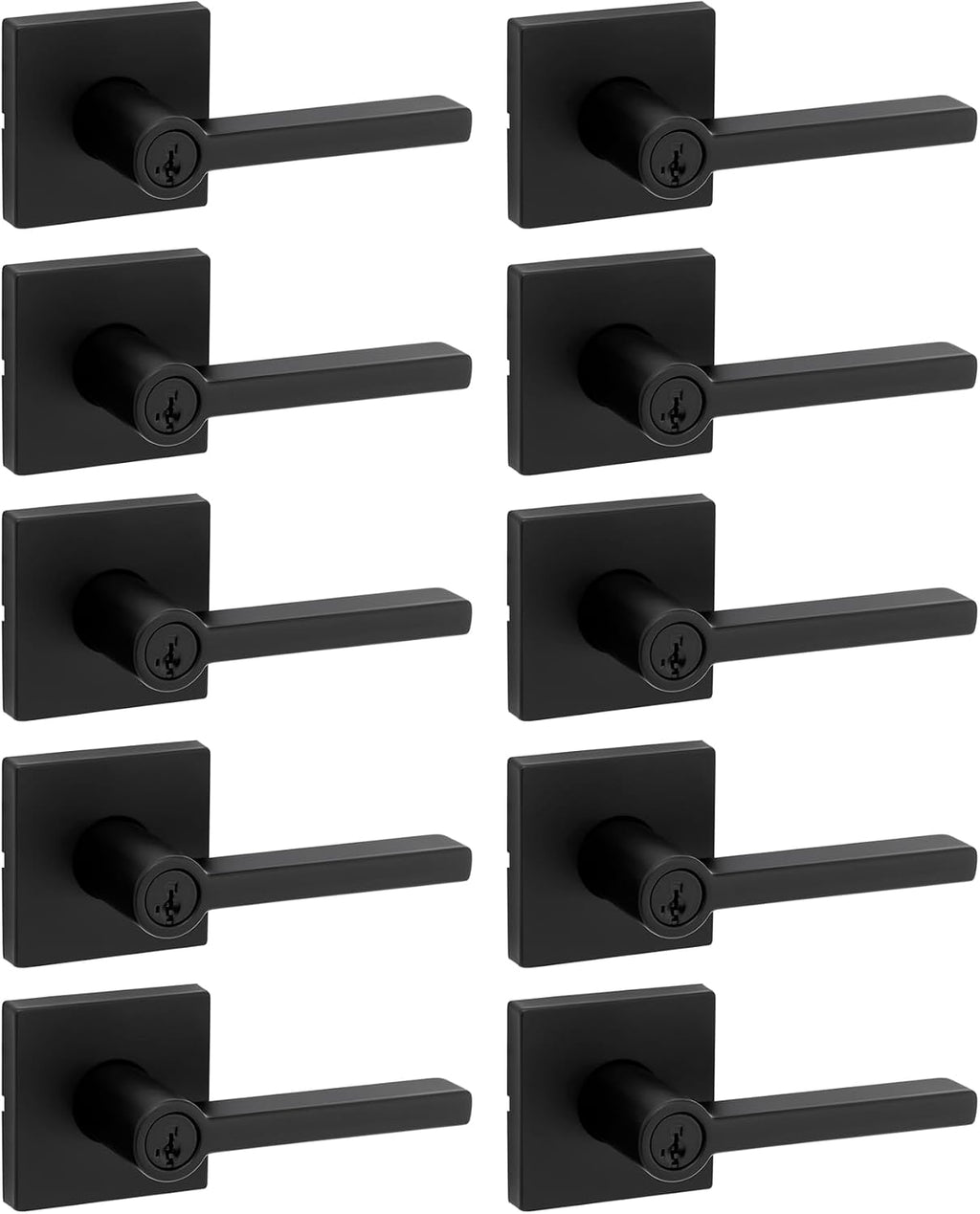 Kwikset Halifax Entry Door Handle with Lock and Key, Secure Keyed Reversible Lever Exterior, for Front Entrance and Bedrooms, Matte Black, 10 Pack, Pick Resistant SmartKey Rekey Security and Microban