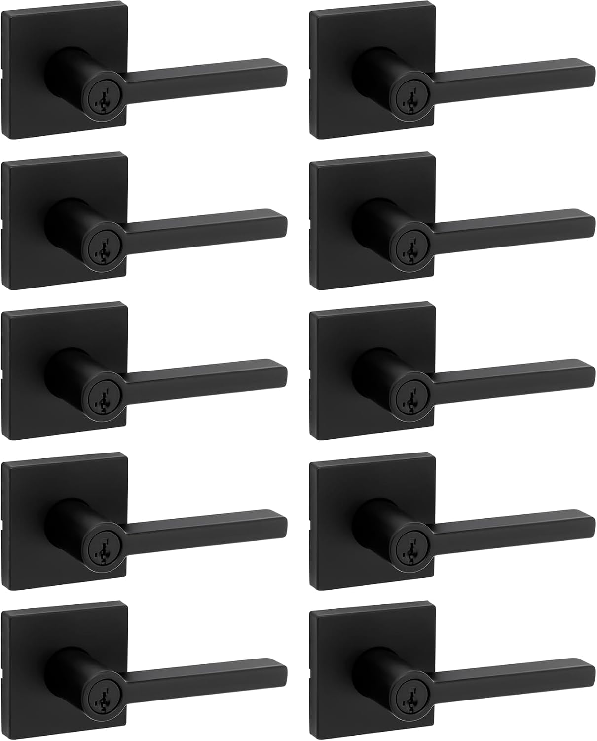 Kwikset Halifax Entry Door Handle with Lock and Key, Secure Keyed Reversible Lever Exterior, for Front Entrance and Bedrooms, Matte Black, 10 Pack, Pick Resistant SmartKey Rekey Security and Microban