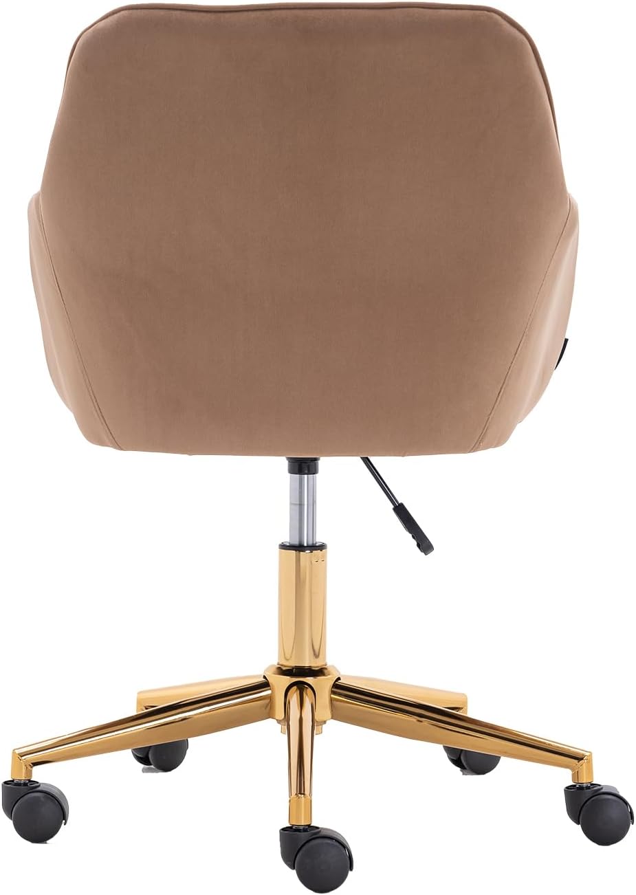 Modern Velvet, Height Adjustable, 360° Swivel Office Chair, Upholstered Cosmetic Dresser Armchair with Metal Feet and Backrest, Bedroom Furniture Light Coffee