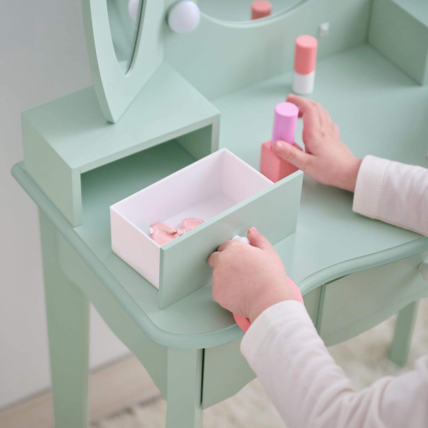 Teamson Kids Heart Glow Makeup Kids Vanity Set with Heart Shape LED Light-Up Mirror, Matching Stool and Storage Drawers, Pretend Makeup Play Table for Toddlers and Girls 3+ Years Old, Sage Green