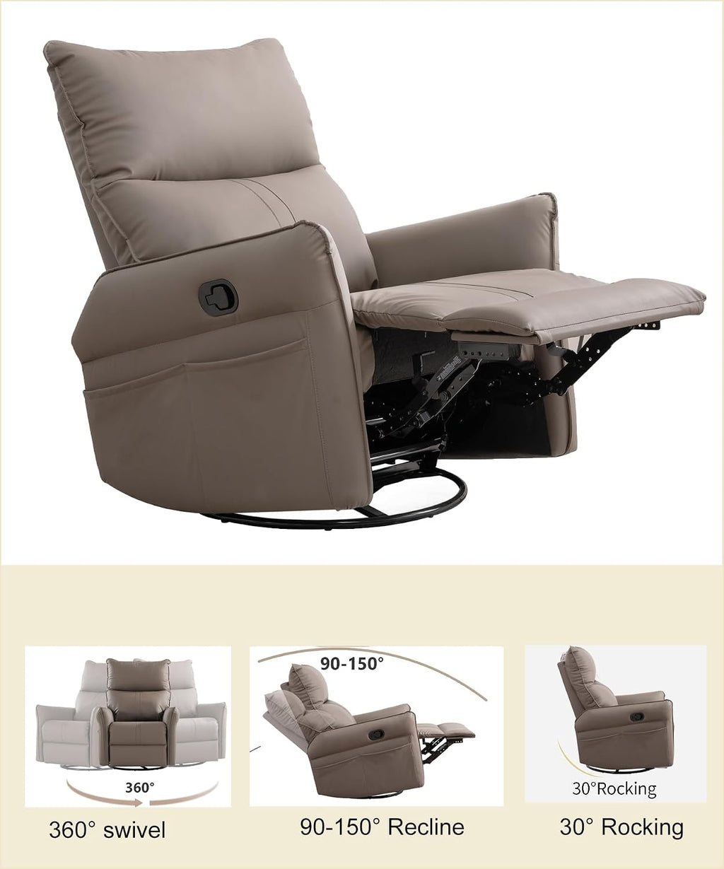 KEIKI 360 Degree Rocking Swivel PU Leather Recliner Chair, Individual Seat Home Theater Recliner Seating with Side Pocket for Living Room Bedroom, Brown