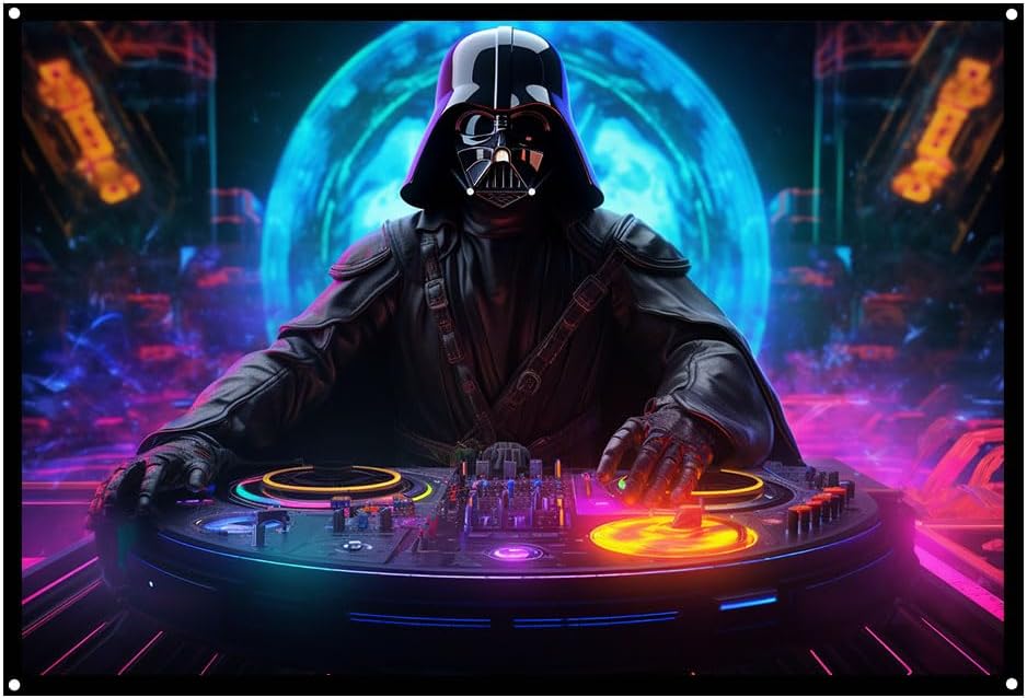 DJ Darth Vador Cyberpunk, UV tapestry, Blacklight Reactive Wall Hanging, Neon Backdrop, Party Decor, Psychedelic Tapestry, Visionary Wall Art (Large)