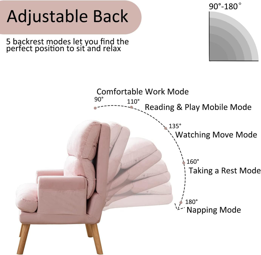 INZOY Accent Chairs with Ottoman, Modern Comfy Chair with Adjustable Backrest and Side Pockets, Velvet Fabric Armchair with Ottoman for Bedroom Living Room (Pink)