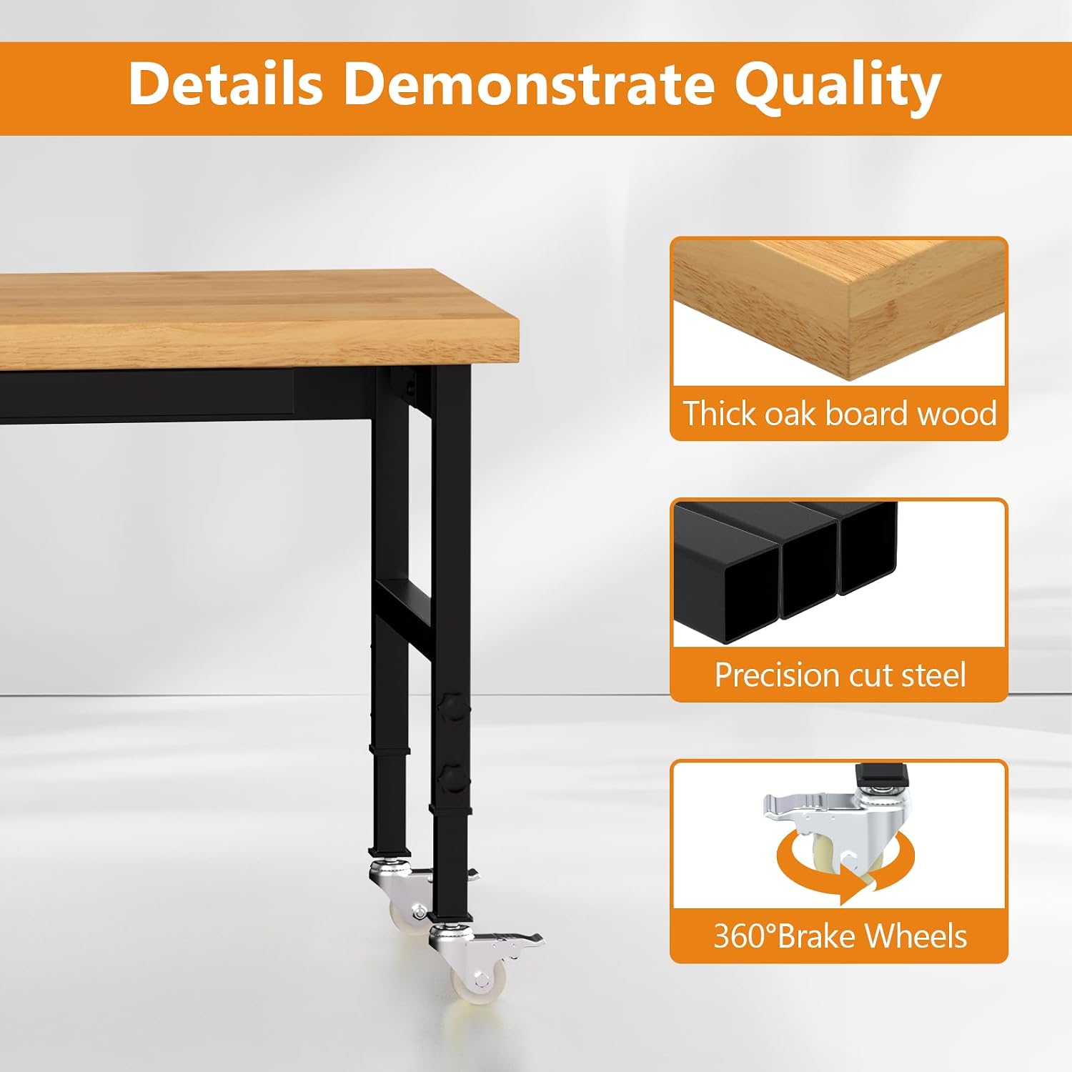 48' Heavy-Duty Solid Wood Work Bench with Drawers, Adjustable Height Workbench with Wheels, 2000 LBS Capacity Work Table with Power Outlets for Garage, Workshop(48' X 24')
