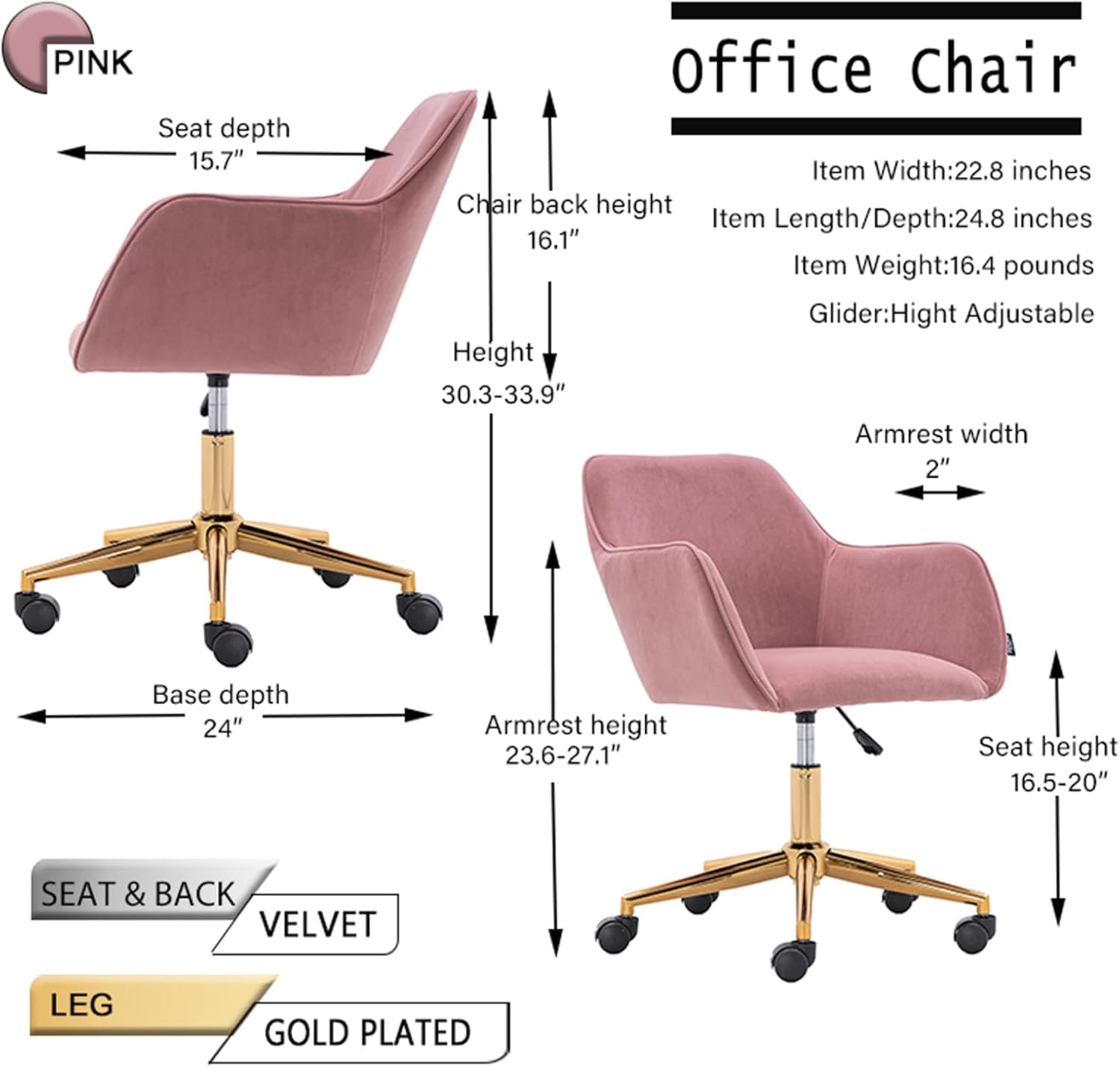 Modern Velvet, Height Adjustable, 360° Swivel Office Chair, Upholstered Cosmetic Dresser Armchair with Metal Feet and Backrest, Bedroom Furniture Pink