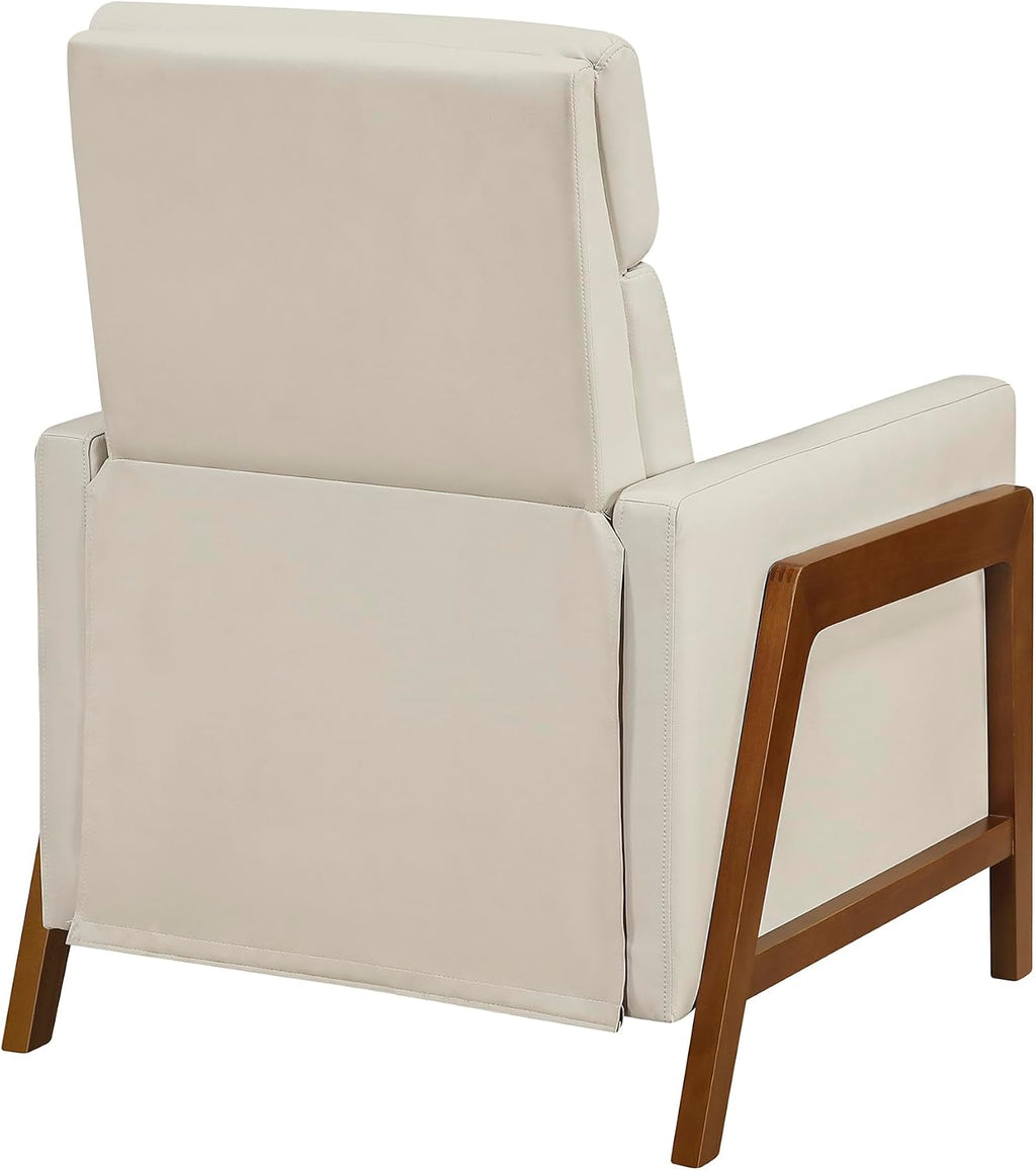 Lexicon Push Back Recliner Chair, Faux Leather Upholstered Reclining Chair with Footrest, Exposed Dark Brown Finish Wood Frame, Small Recliner for Small Space, Living Room, Bedroom, Light Beige
