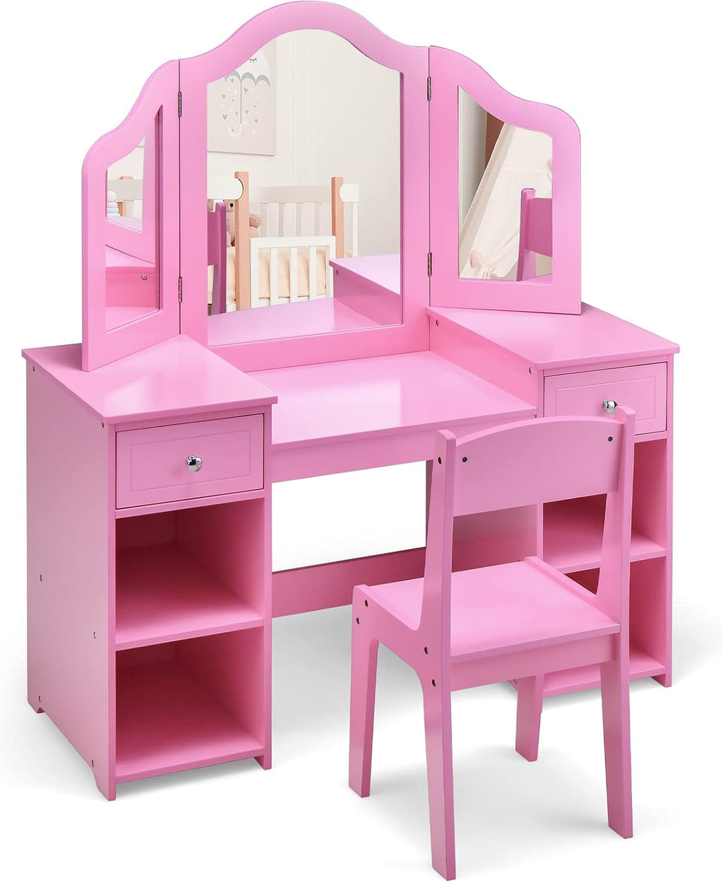 AKUSTIK Kids Vanity, 2 in 1 Wooden Princess Makeup Table and Chair for Toddlers with Tri-Folding Detachable Mirror, Storage Drawers for Little Girls, Pretend Beauty Dressing Desk Play Set Toy Gift