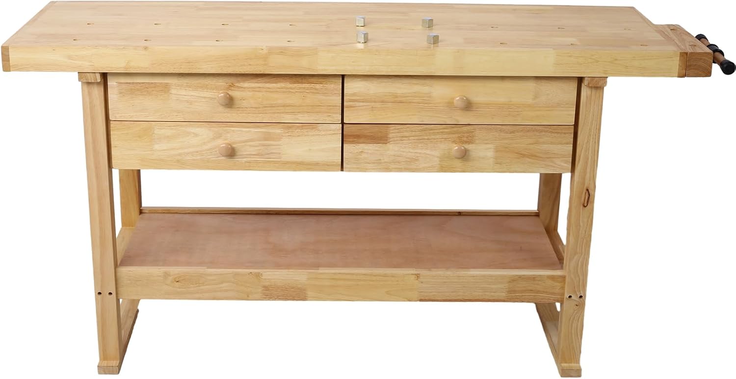Gecheer 60-inch Wooden Workbench with 4 Drawers, Heavy-Duty Rubberwood Garage Work Table, Includes 4 Bar Clamps (12' and 24')