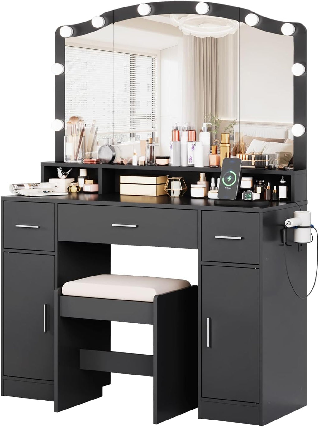 GarveeLife LED Lighted Vanity Desk for Girls & Women – Makeup Table with 10 Lighting Mirror, Charging Station, 3 Drawers, 2 Cabinets, Cushioned Stool – Bedroom Play Makeup Set – Color: Black
