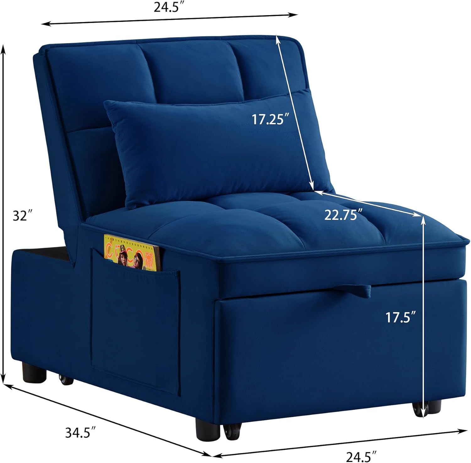 3 in 1 Convertible Sleeper Sofa Chair, Velvet Tufted Single Pull Out Couch Bed with Adjustable Backrest and Pillow, Multi-Function Chaise Lounge with Pockets, for Livingroom, Home Office,Navy