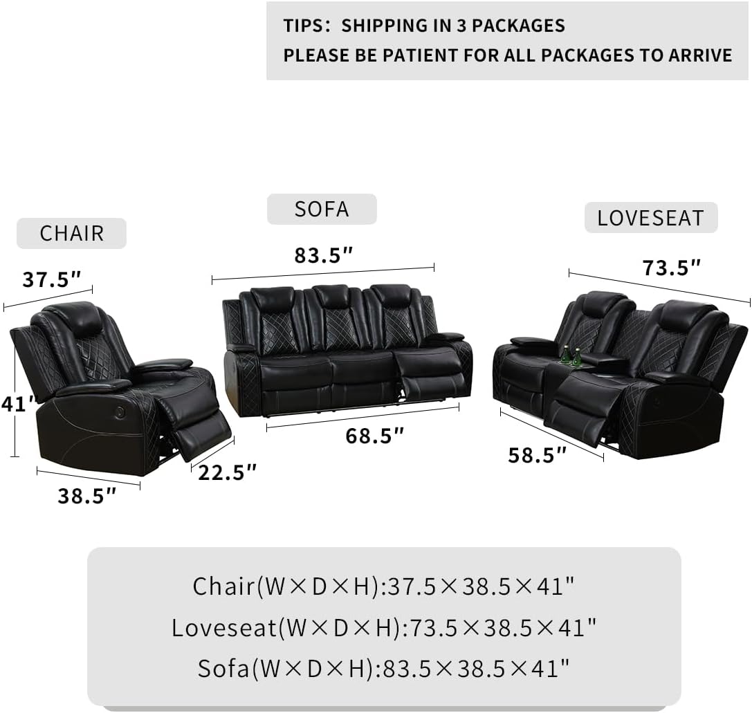 Power Recliner Sofa Sets, Living Room Furniture Sets, Black Modern Power Reclining Sofa, Loveseat and Chair with Cup Holders/Storage Console/LED Light for Living Room