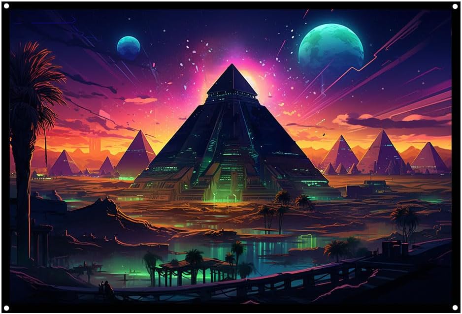Atlantis Pyramid Temple, Egyptians pyramids, UV tapestry, Blacklight Reactive Wall Hanging, Neon Backdrop, Party Decor, Psychedelic Tapestry, Visionary Wall Art (Large)
