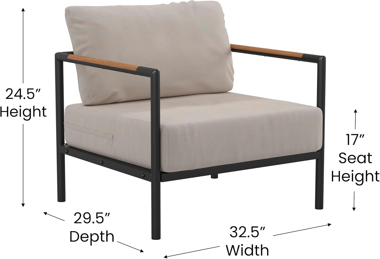 Flash Furniture Lea Indoor/Outdoor Patio Chair with Cushions - Modern Aluminum Framed Chair with Teak Accented Arms, Black with Beige Cushions