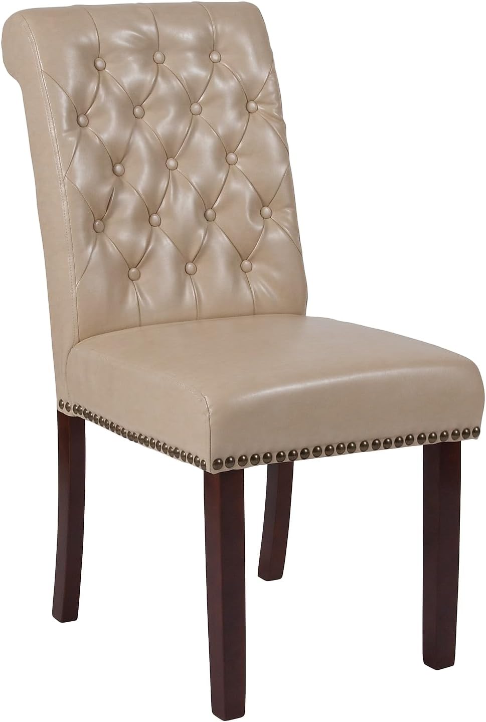 Flash Furniture HERCULES Series Beige LeatherSoft Parsons Chair with Rolled Back, Accent Nail Trim and Walnut Finish