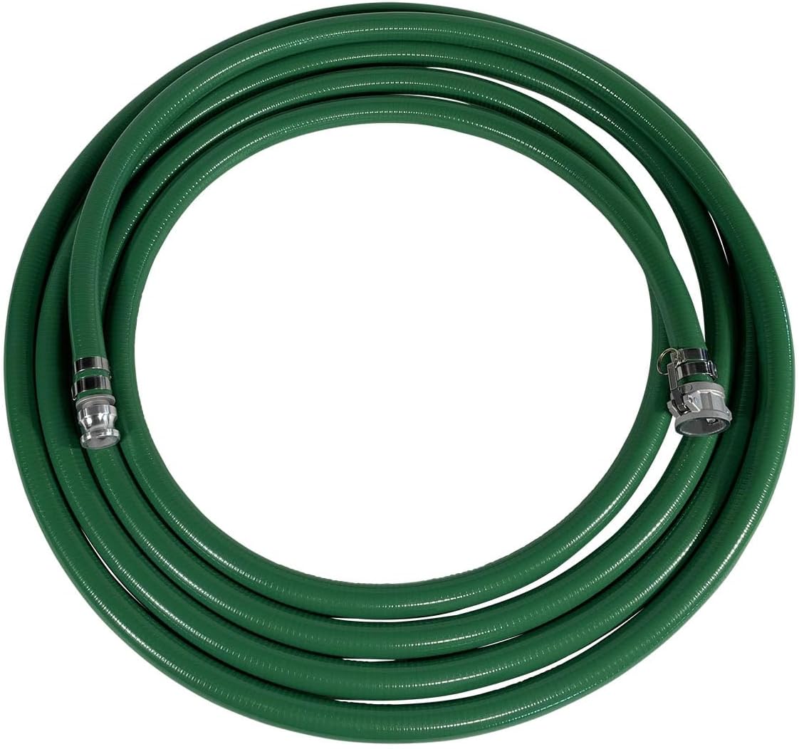 Gloxco Heavy Duty Green PVC Suction Hose Assembly for Water Transfer, 1-1/4' Inside Diameter, Installed Male x Female Cam and Groove Fittings, 40 ft Length