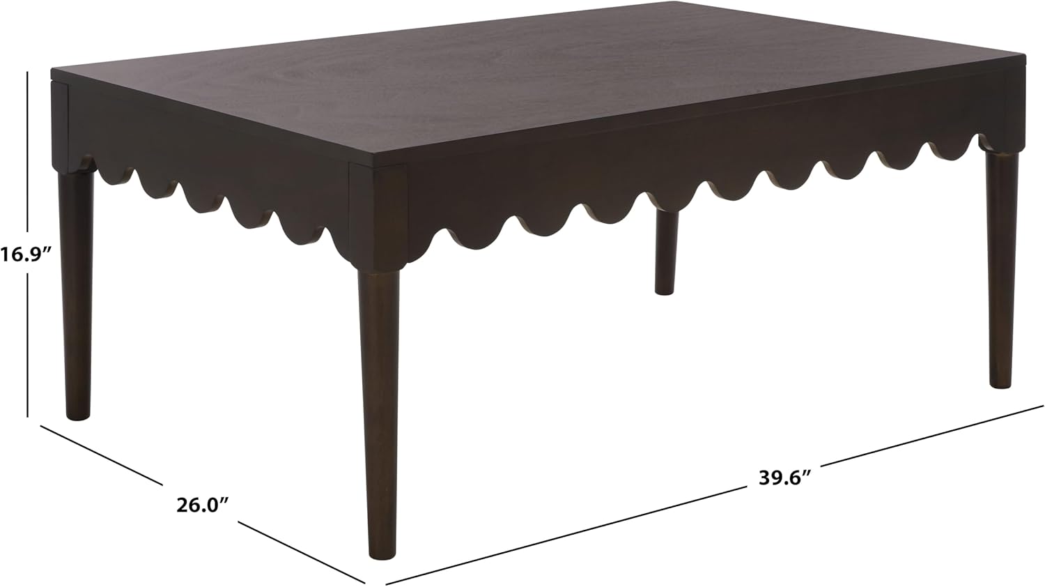 SAFAVIEH Home Collection – Neha Dark Chocolate Brown Rectangular Coffee Table, Solid Wood Frame with Scalloped Apron (COF5705A)