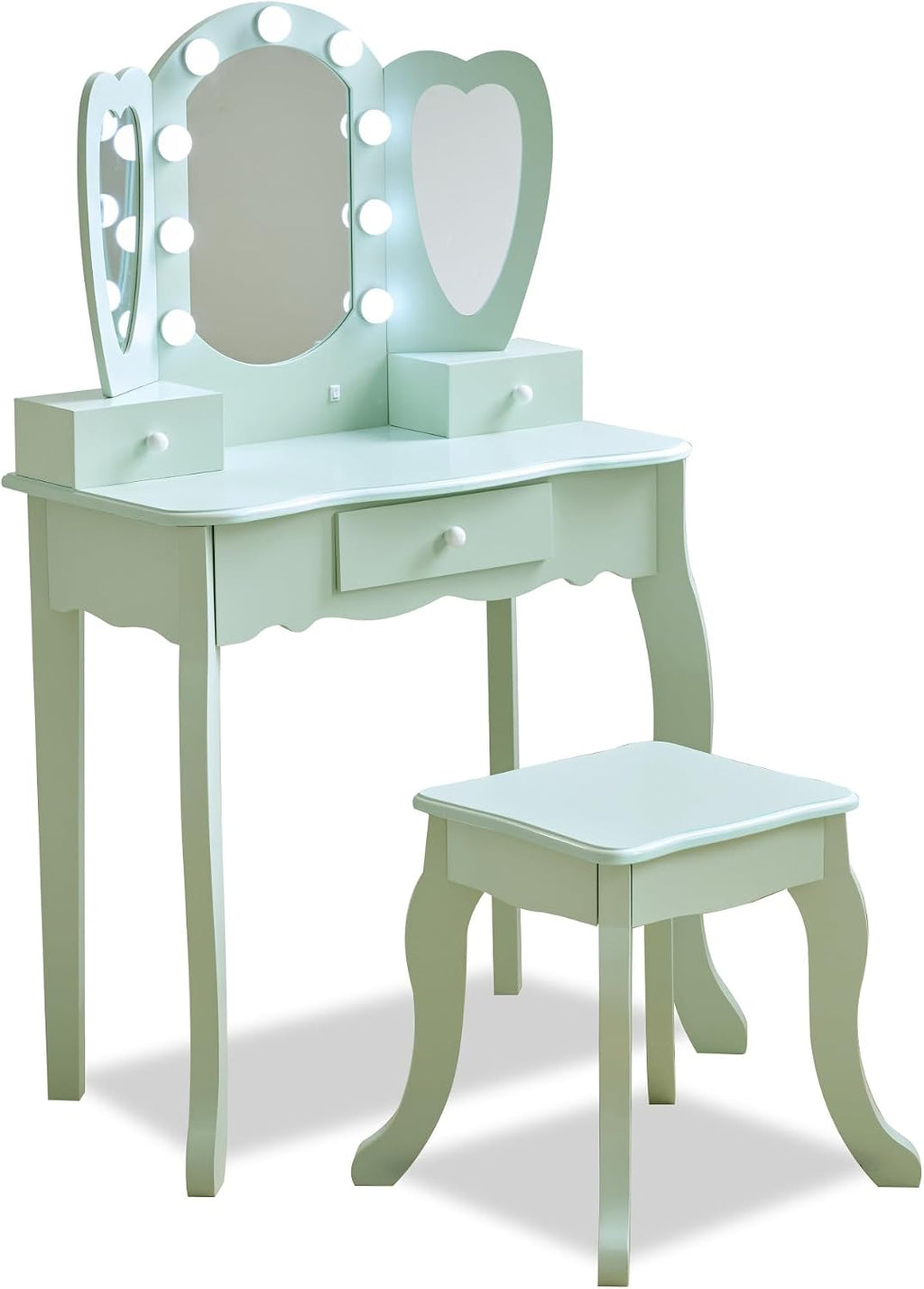 Teamson Kids Heart Glow Makeup Kids Vanity Set with Heart Shape LED Light-Up Mirror, Matching Stool and Storage Drawers, Pretend Makeup Play Table for Toddlers and Girls 3+ Years Old, Sage Green