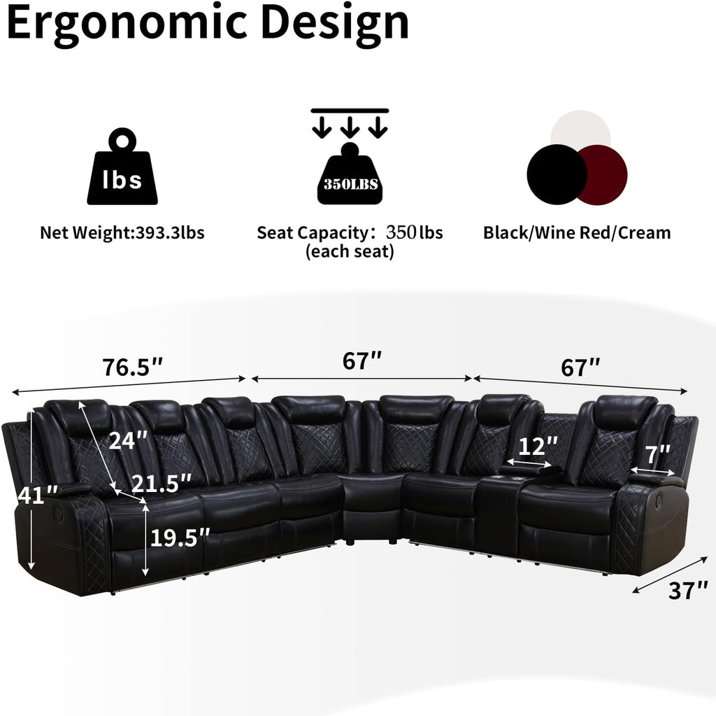 Power Recliner Sofa Sectional Couch with LED Light for Living Room,Leather Reclining Corner Sectional Sofa with 2 Recliner Seats,Cup Holder,Storage Console for House/Home Theater, Black