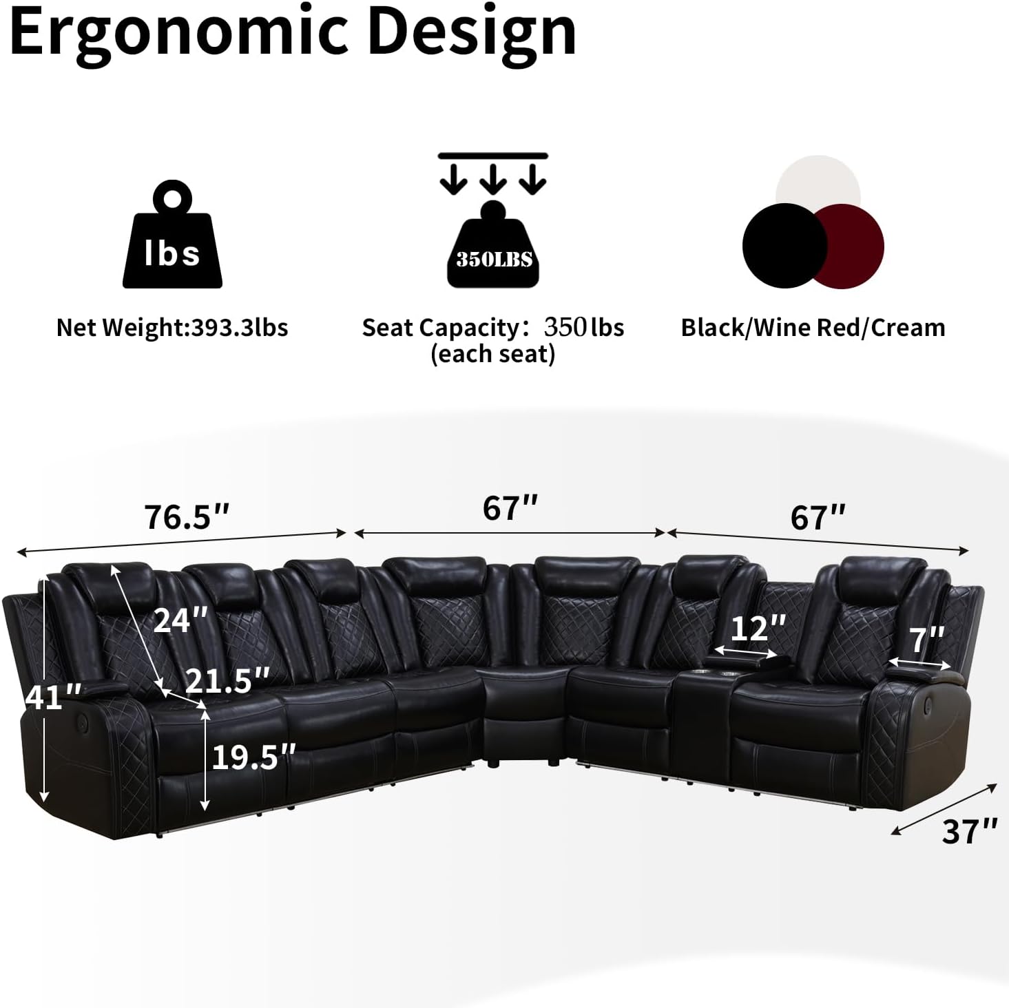 Power Recliner Sofa Sectional Couch with LED Light for Living Room,Leather Reclining Corner Sectional Sofa with 2 Recliner Seats,Cup Holder,Storage Console for House/Home Theater, Black