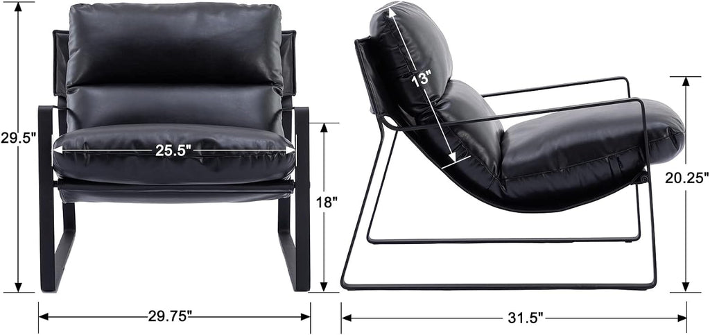 Ya-Home Mid-Century Accent Chair, Comfy PU Leather Side Chair with Armrest, Upholstered Leisure Chair with Black Metal Frame for Living Room Bedroom Reception Room, Black