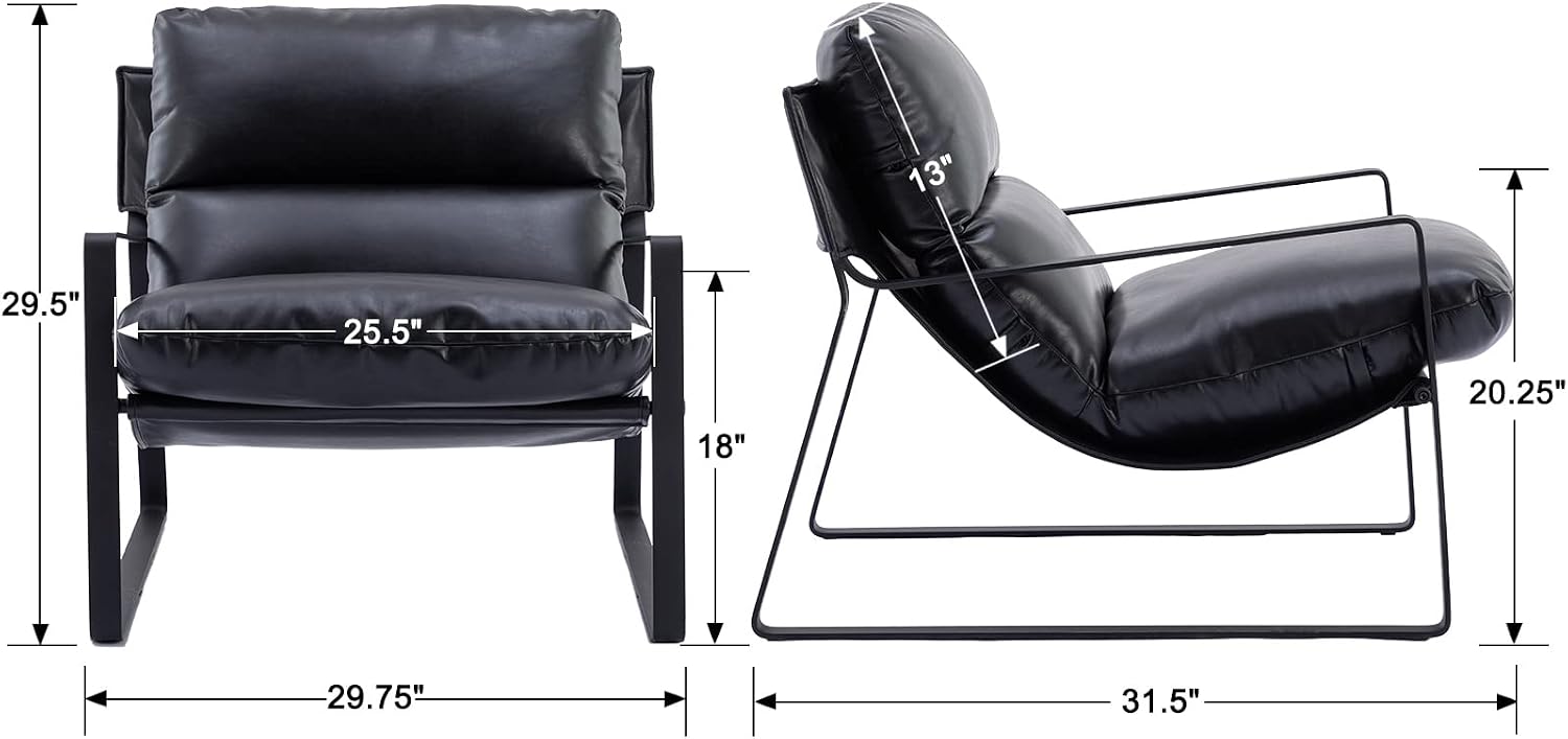Ya-Home Mid-Century Accent Chair, Comfy PU Leather Side Chair with Armrest, Upholstered Leisure Chair with Black Metal Frame for Living Room Bedroom Reception Room, Black