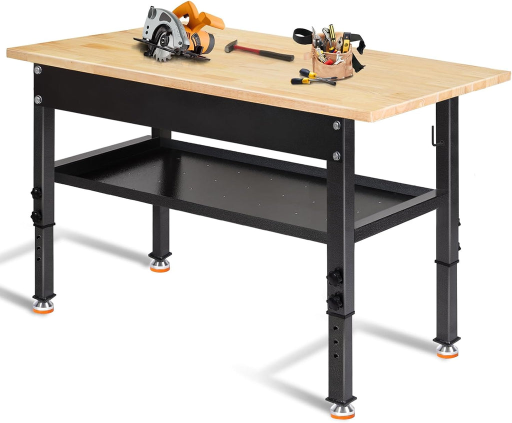 48'/60'' Adjustable Workbench, Rubber Wood Work Bench Heavy-Duty with Partition,2000 LBS Load Capacity Hardwood Work Table for Garage, Workshop, Home, Office, Easy Assembly (w/partition,48'')