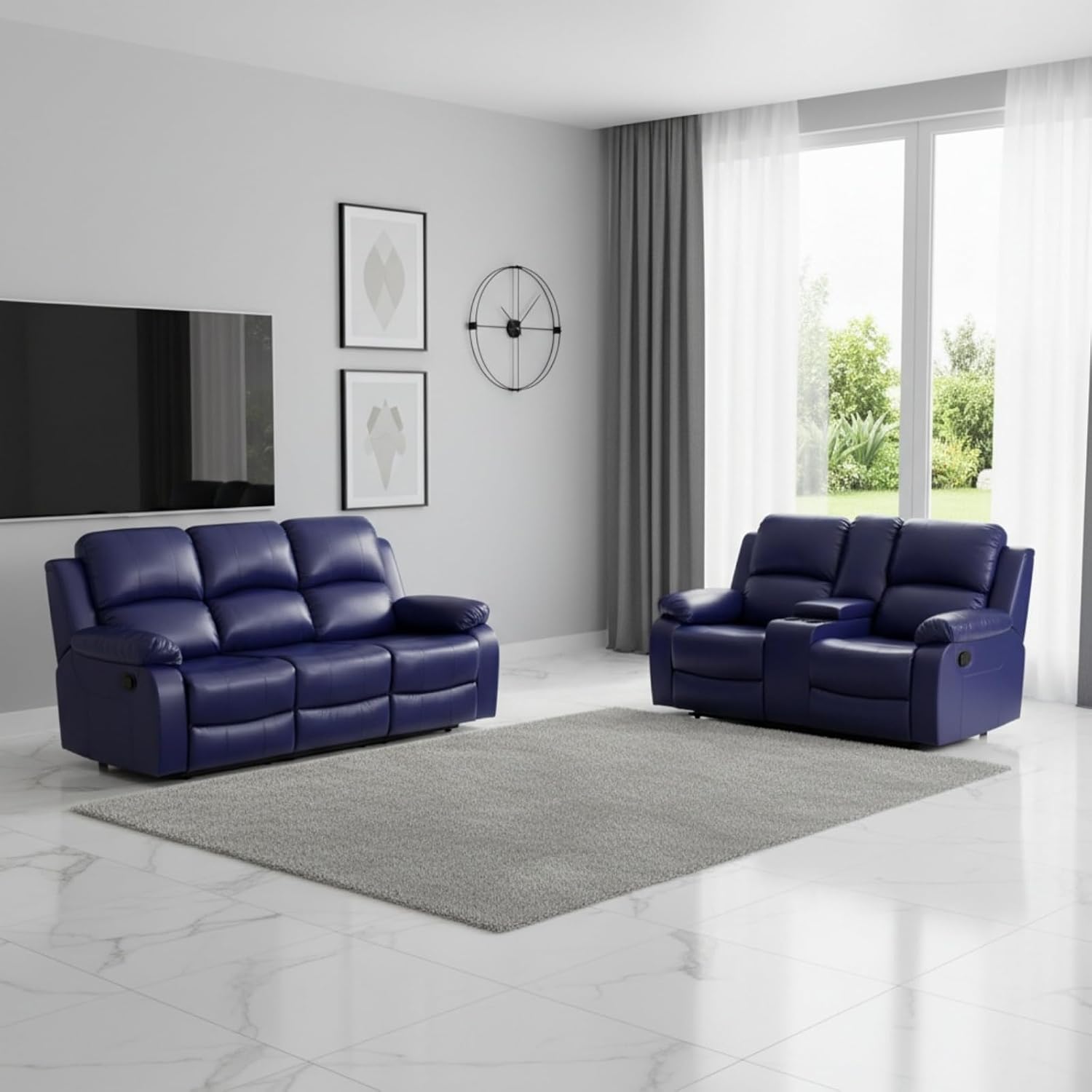 2-Piece Manual Leather Recliner Sofa Set, Adjustable Backrest Reclining Loveseat Sofa and a 3 Seater Couch Furniture Set for Home Theater, Dark Blue