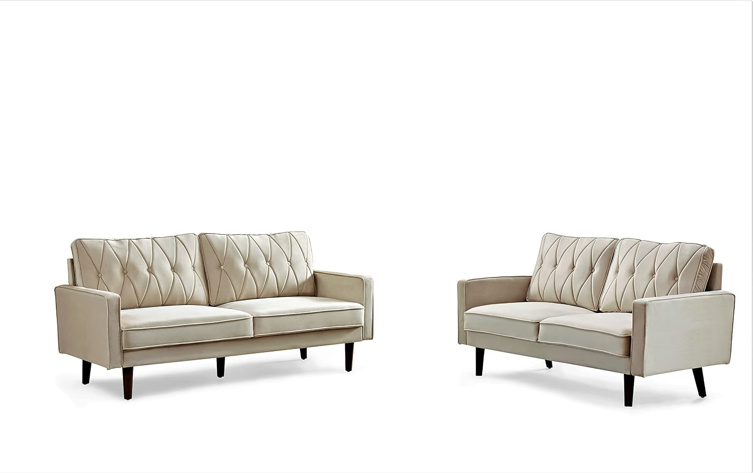 Container Furniture Modern Style Tufted Velvet Couches for Living Room with Soft Fabric Upholstery and Solid Wood Frame, 2 Piece Sofa and Loveseat Set, Ivory