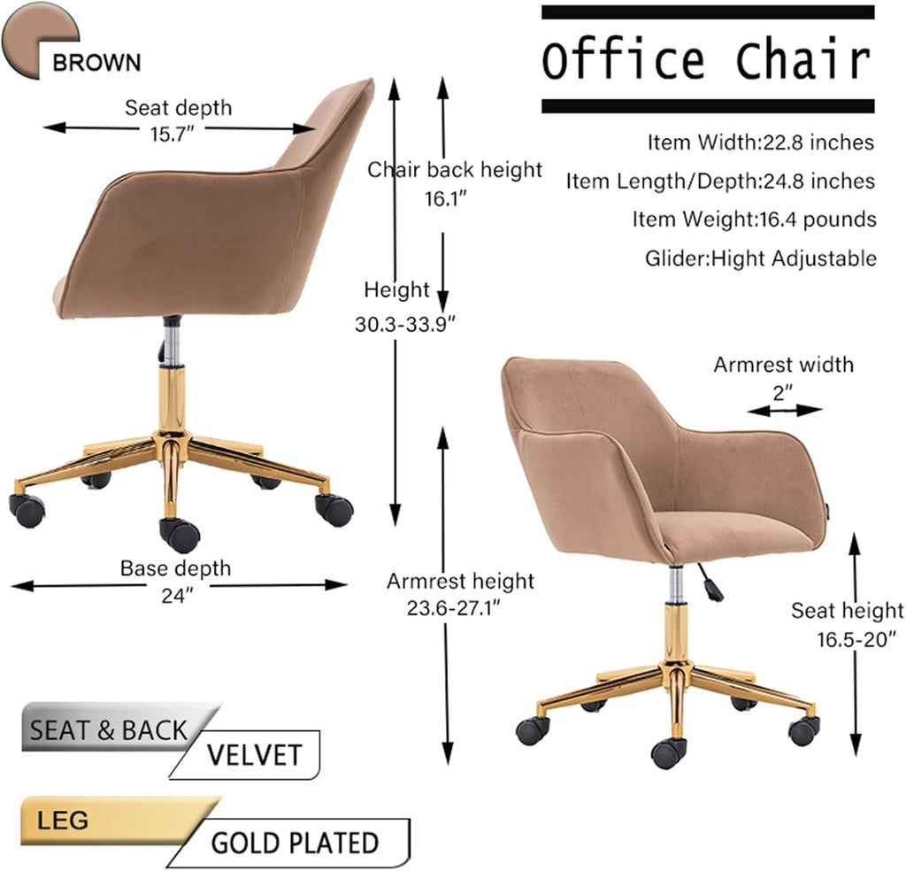 Modern Velvet, Height Adjustable, 360° Swivel Office Chair, Upholstered Cosmetic Dresser Armchair with Metal Feet and Backrest, Bedroom Furniture Light Coffee