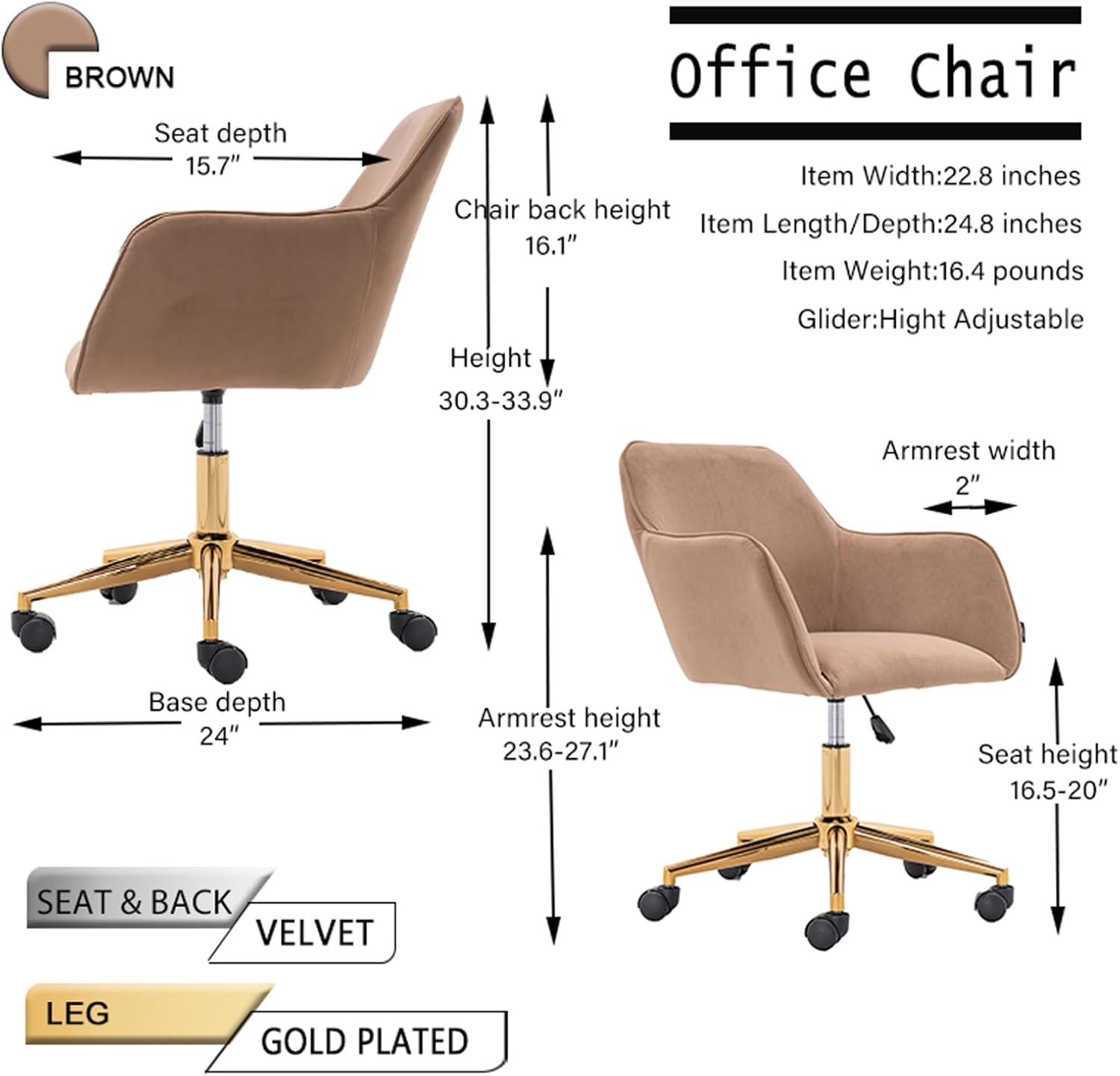 Modern Velvet, Height Adjustable, 360° Swivel Office Chair, Upholstered Cosmetic Dresser Armchair with Metal Feet and Backrest, Bedroom Furniture Light Coffee