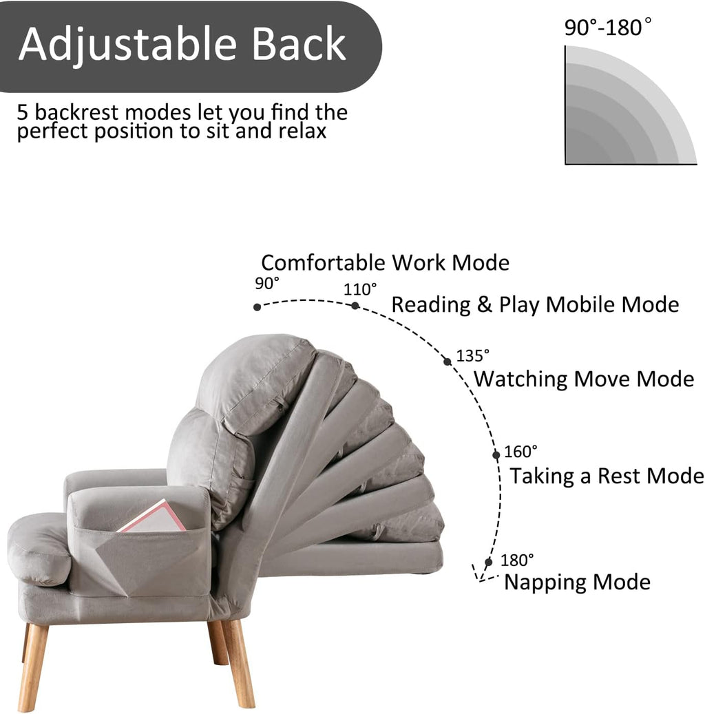 INZOY Accent Chairs with Ottoman, Velvet Fabric Armchair with Ottoman for Bedroom Living Room, Mid Century Modern Chair with Adjustable Backrest and Side Pockets, Grey