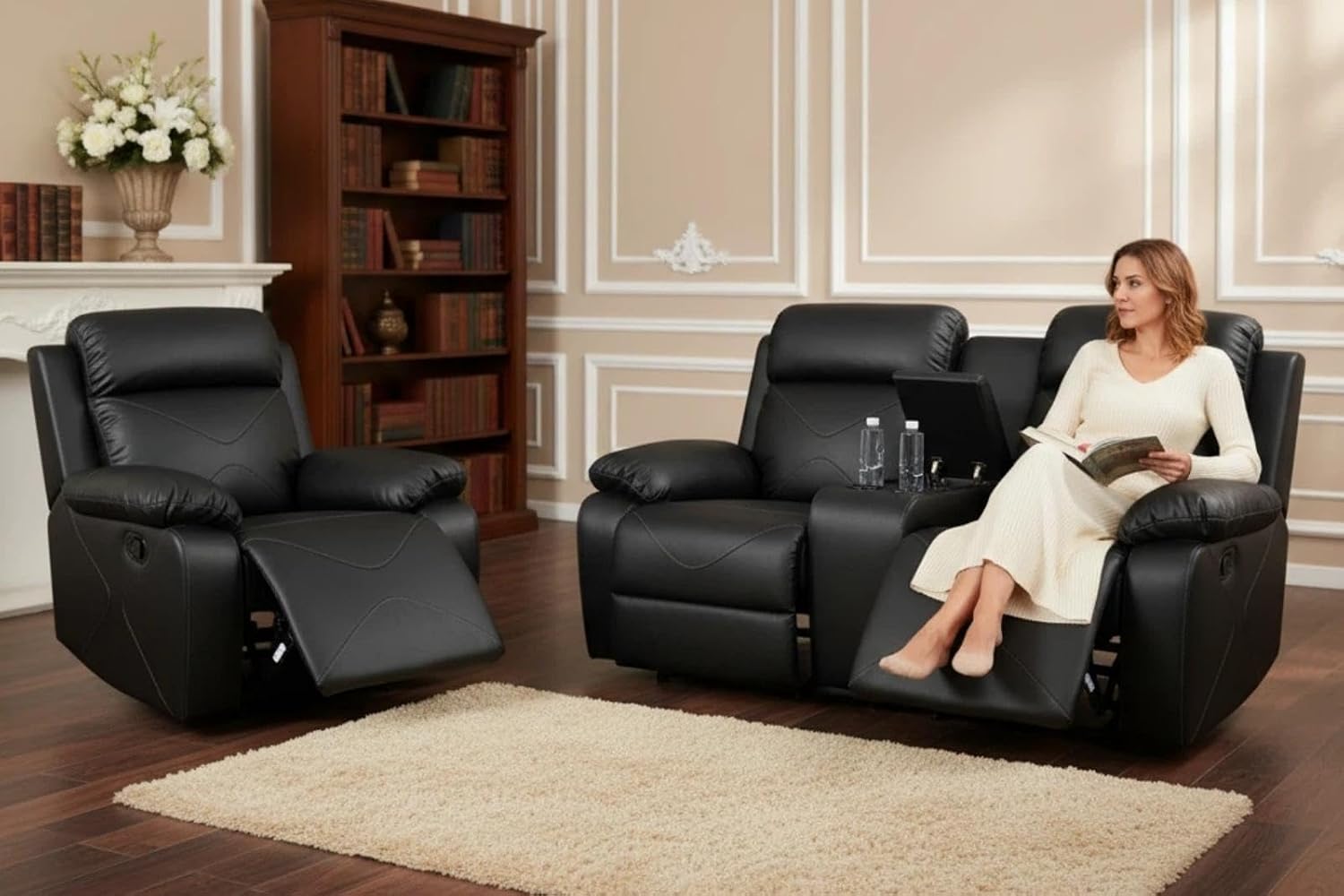 Leather Manual Recliner Sofa Set, Adjustable Backrest Reclining Loveseat Sofa with Storage Console & Cup Holders, Recliner Chair for House, Home Theater, Black