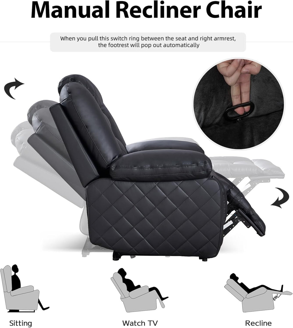 EBELLO Faux Leather Recliner Manual Chair, Single Reclining Sofa Chair with Comfortable Armrest and Backrest, Home Theater Seating for Living Room, Bedroom, Black