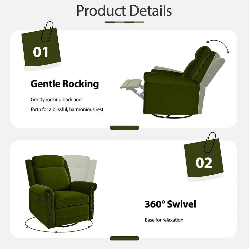 Christopher Knight Home 360° Swivel Recliner, Velvet Rocking Recliner Upholstered Recliner Chair, Rocker with Adjustable Backrest Nailhead Trims, Green