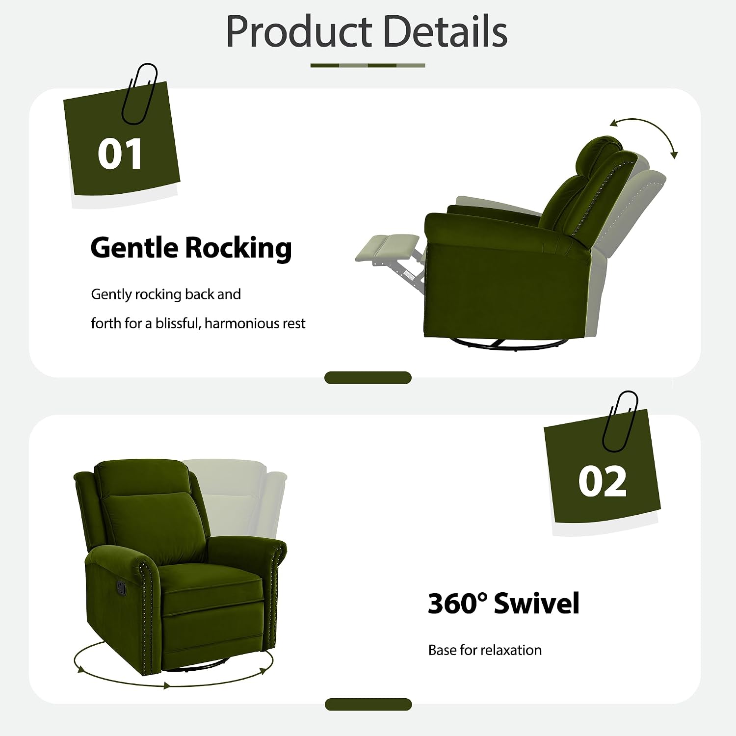 Christopher Knight Home 360° Swivel Recliner, Velvet Rocking Recliner Upholstered Recliner Chair, Rocker with Adjustable Backrest Nailhead Trims, Green