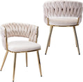 KCC Modern Velvet Dining Chairs Set of 2, Upholstered Living Room Chair with Woven Back and Golden Metal Legs, Mid-Century Accent Side Chair for Living Dining Room, Kitchen, Beige