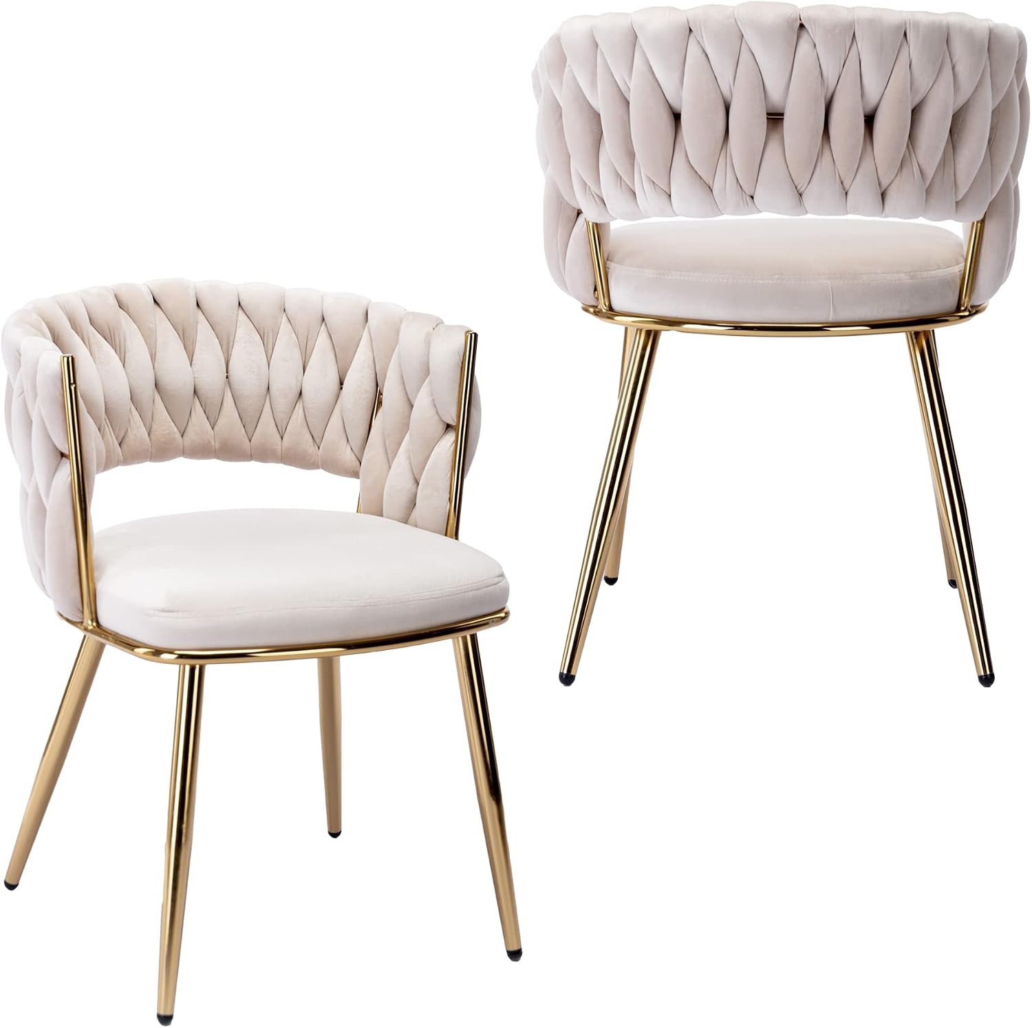 KCC Modern Velvet Dining Chairs Set of 2, Upholstered Living Room Chair with Woven Back and Golden Metal Legs, Mid-Century Accent Side Chair for Living Dining Room, Kitchen, Beige
