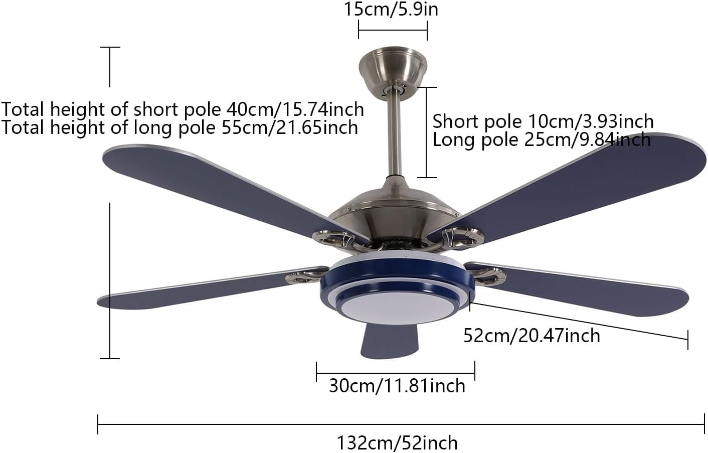 52' Ceiling Fans with Lights, Flush Mount Ceiling Fan Light with Remote Control, Reversible, Quiet, 6 Wind Speeds, Timing Function, for Bedroom Indoor/Outdoor Use, Blue